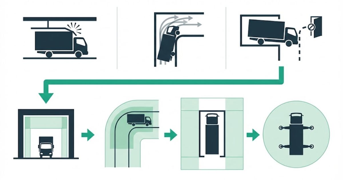 高さ制限・転回・停車場所で起きやすい失敗例と確認優先順位を示す図解
