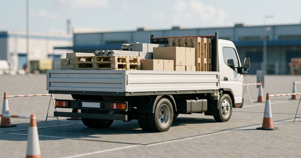 荷物を積んだ2t〜3tトラックが計量や確認を連想させる場所で停止している写真