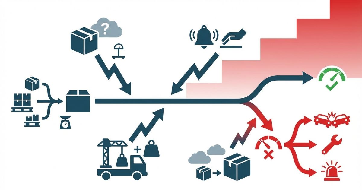 推定見積もりや合算崩れや架装見落としなどの落とし穴から過積載リスクに至る分岐を示す図解