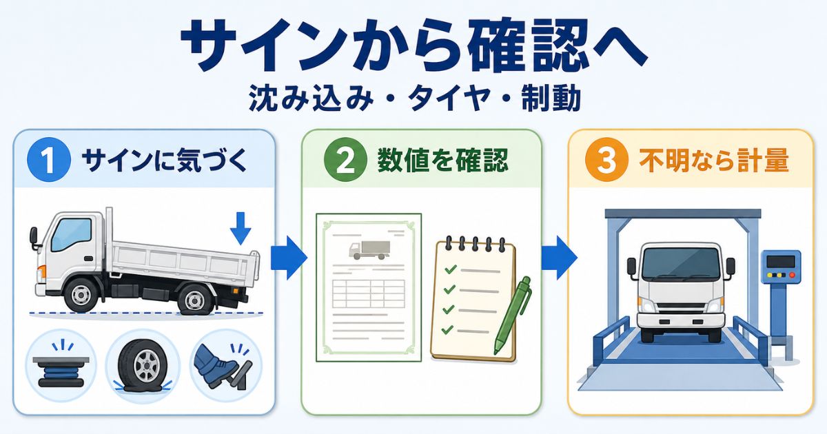 沈み込みやタイヤや制動の危険サインから車検証確認と計量へ進む流れ