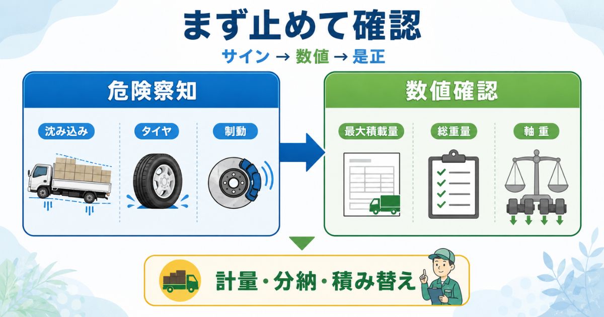 積載オーバーの判断を危険察知と数値確認の2段階で整理した図解