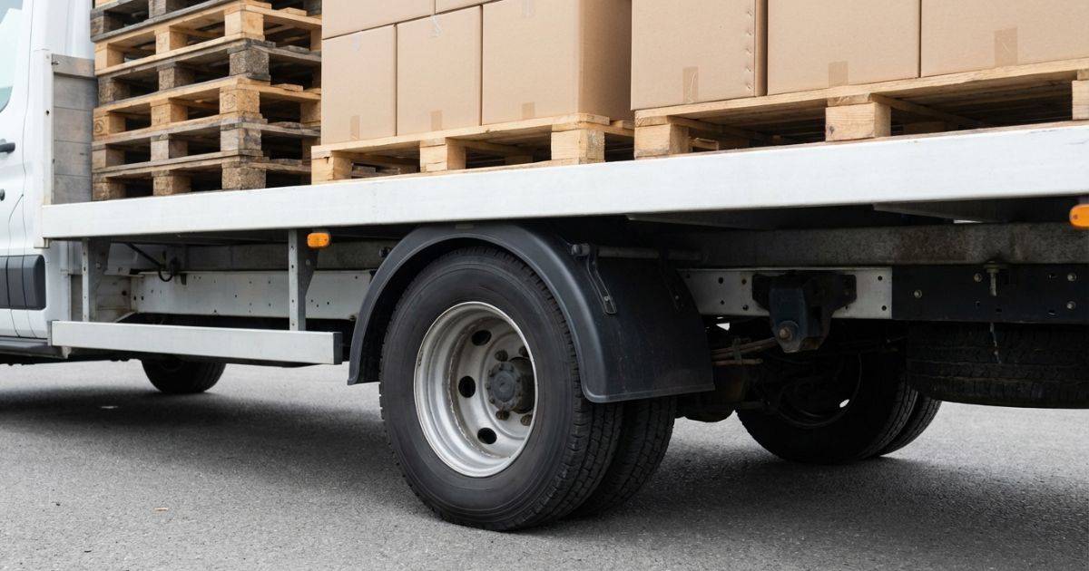 荷積み後の2t〜3tトラックの後輪周りが沈み込み気味でタイヤのつぶれも感じる出発前の写真