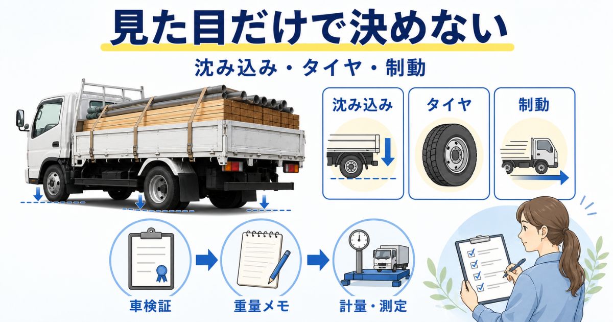 トラックの積載オーバーを見た目だけで判断せず沈み込みやタイヤや制動から数値確認へ進む流れ