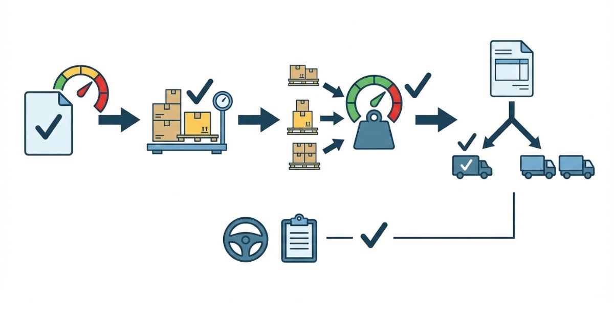 車検証基準の確認→重量根拠の把握→合算が基準内→見積もり条件と当日確認で回避する流れを示す図解