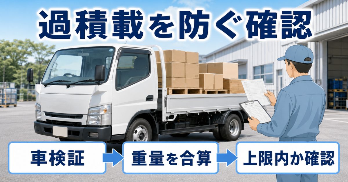車検証と荷物重量を確認し、最大積載量以内か判断する過積載防止の流れ
