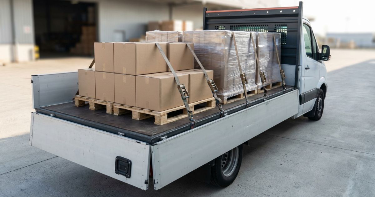 トラック荷台にパレット荷を積みラッシングベルトで固定している現場の写真