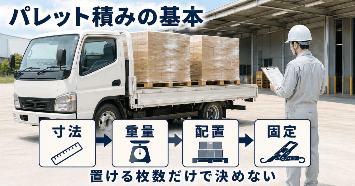 パレット積みは寸法・重量・配置・固定の順に確認し、置ける枚数だけで決めないことを示す