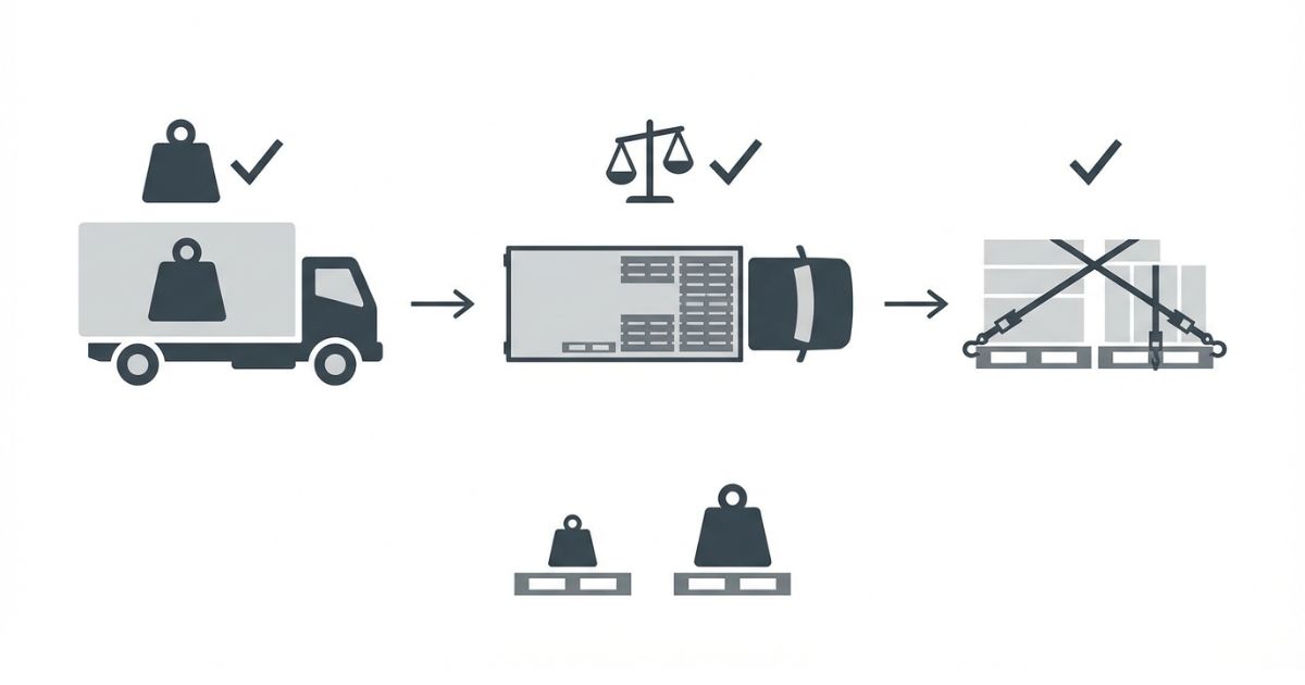パレット積みは重量確認→前寄せ低重心の配置→固縛の順で判断する流れを示す図解