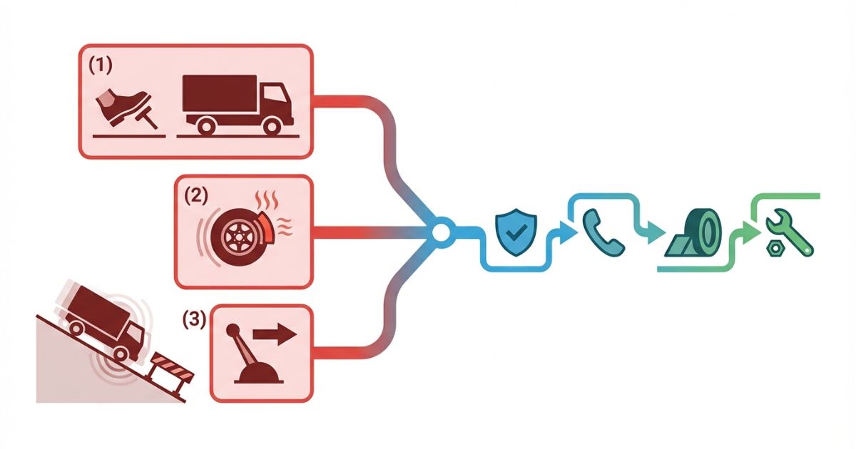 フットブレーキ代用や運行継続などのNG例と安全側の対応分岐を示す文字なし図解