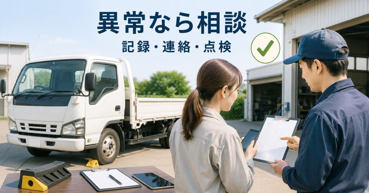 パーキングブレーキの異常時に症状を記録して整備担当者へ相談する様子の写真風画像