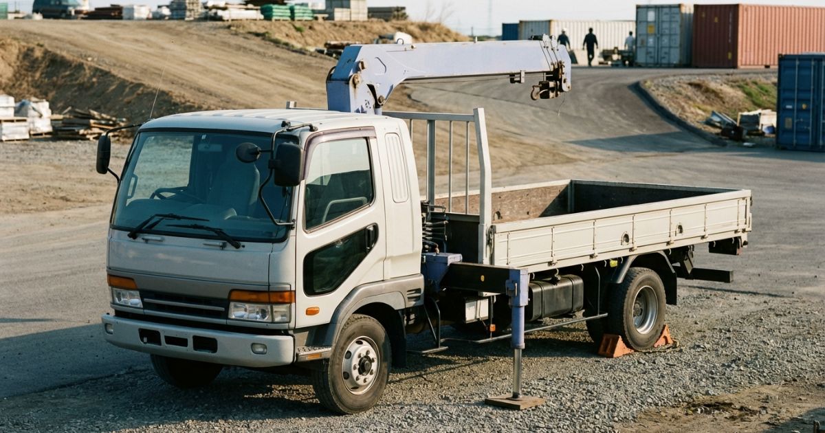 トラックが作業ヤードで停車固定している状況を示す写真風イメージ