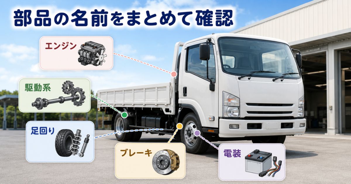 トラックの主要部品をエンジン・駆動系・足回り・ブレーキ・電装に分けて示す構成