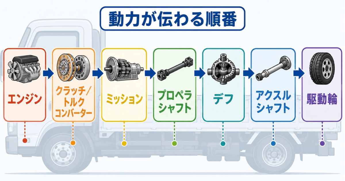 エンジンからミッションやデフを経て駆動輪へ動力が伝わる順番