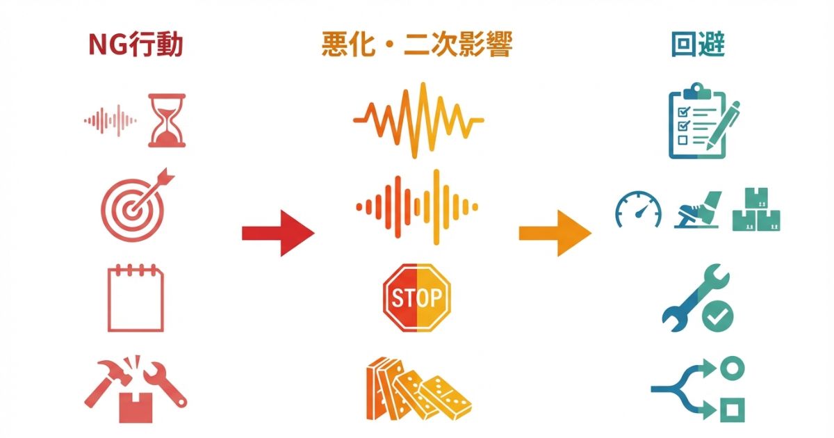 放置や決めつけなどプロペラシャフト不具合対応の失敗リスクと回避を示す文字なし図解