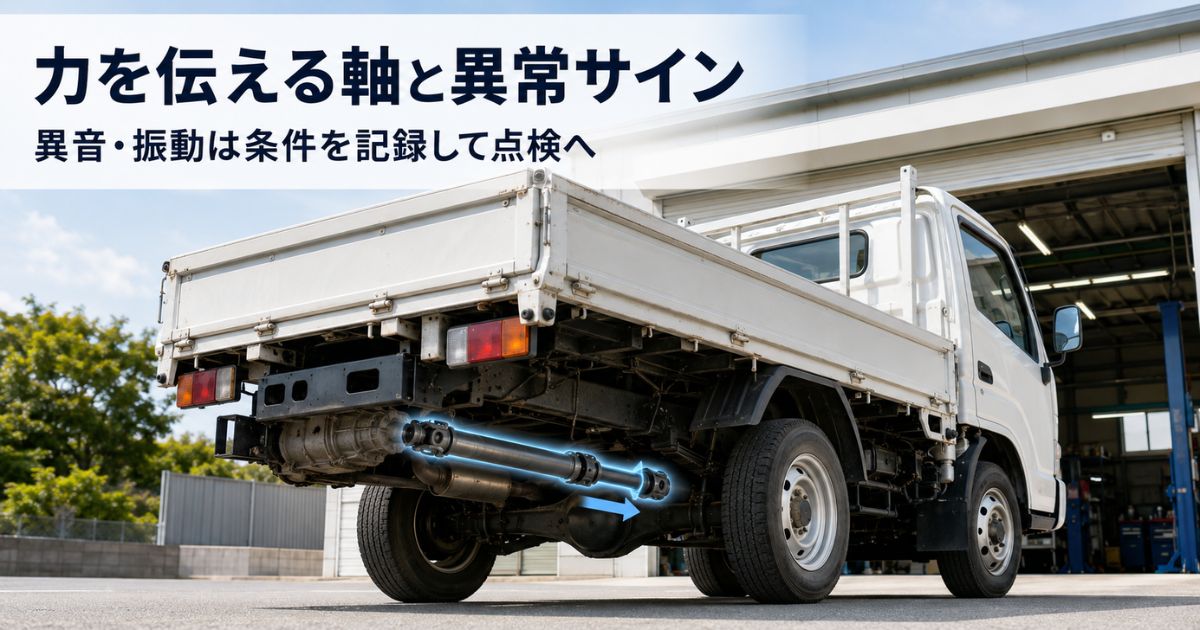 トラック下部のプロペラシャフトがミッション側からデフ側へ回転を伝える位置と異音・振動時の点検判断