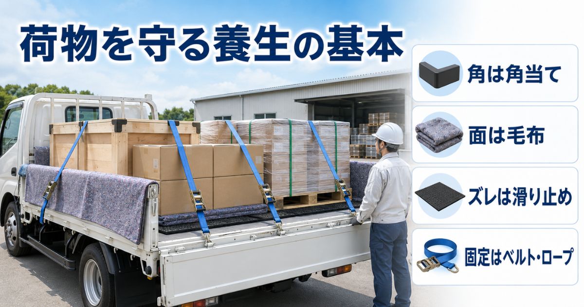 平ボディトラックの荷物に角当て・毛布・滑り止めを使い、ラッシングベルトで固定した状態
