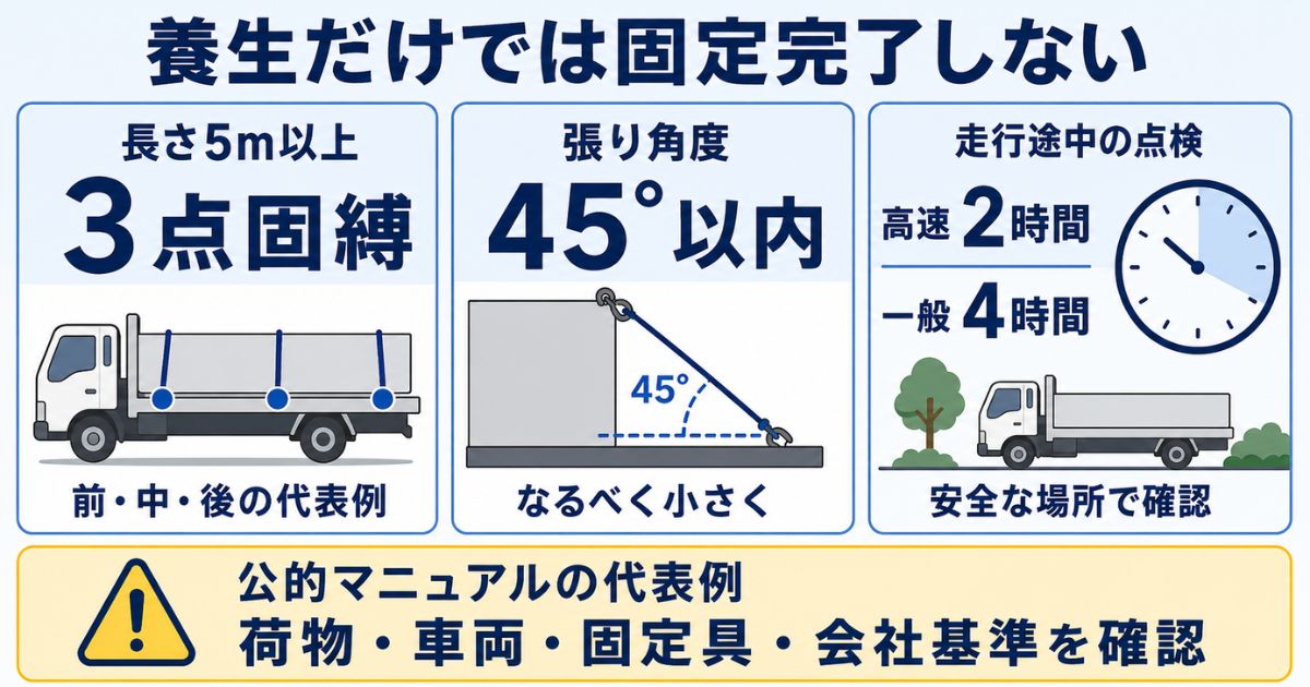 長さ5m以上の3点固縛、張り角度45度以内、走行途中の点検時間の代表例
