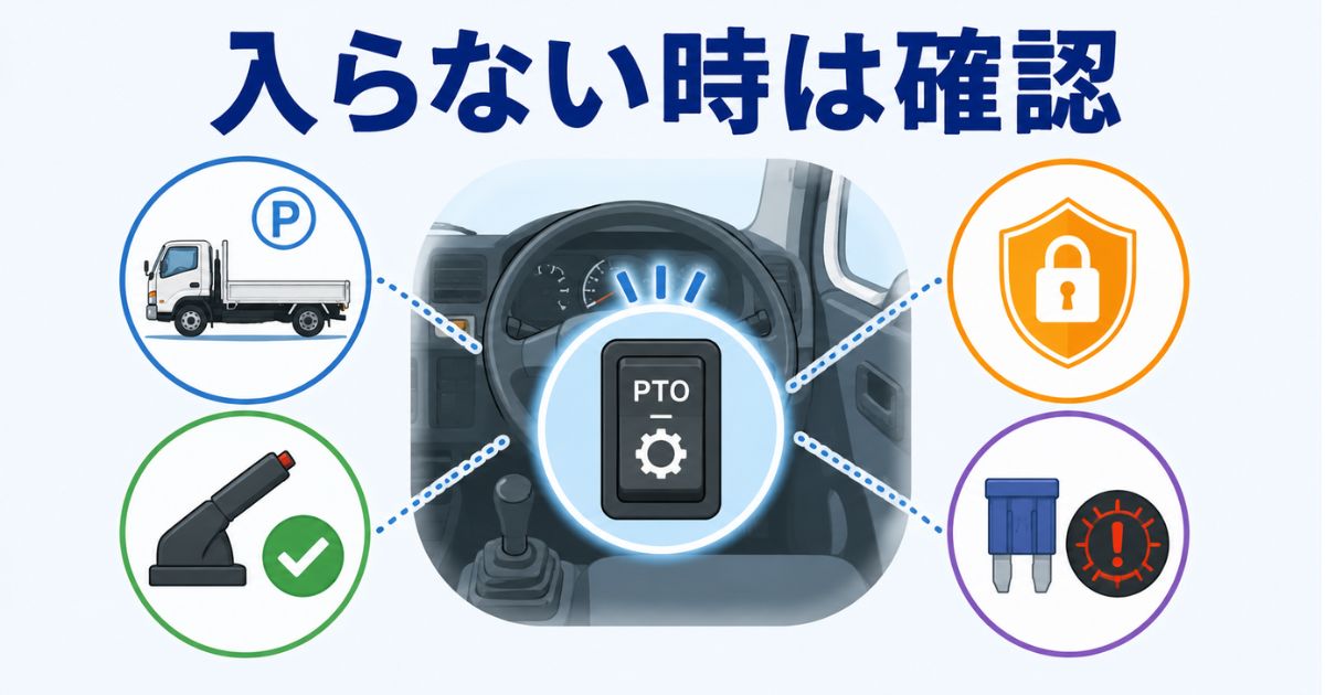 PTOが入らない場合に停車条件や安全装置や電装系を確認する流れを示す図解