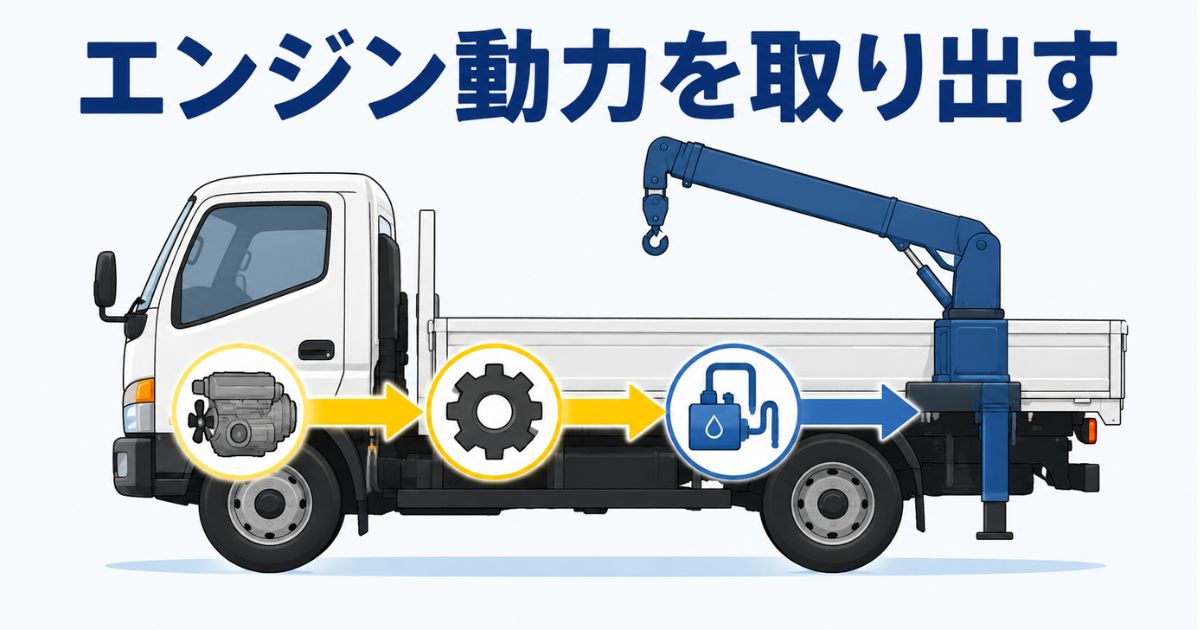 エンジン動力をPTOで取り出して架装装置へ伝える流れを示す図解