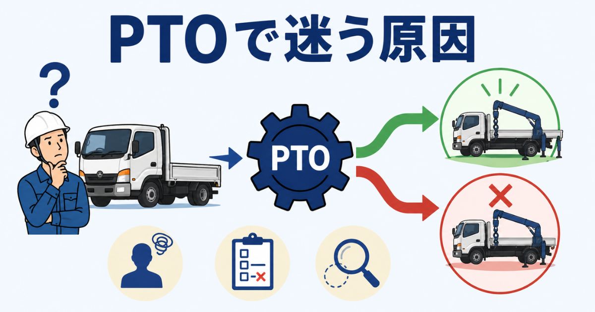 PTOの意味や作動条件の確認漏れで作業可否の判断に迷う状況を示す図解