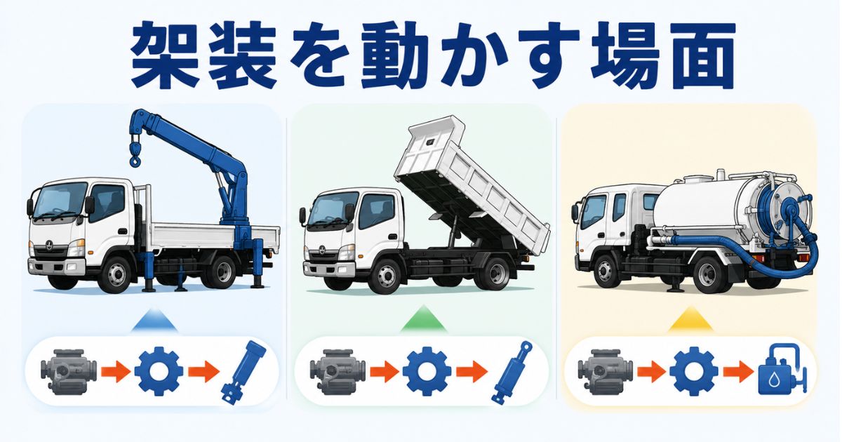 ユニック車やダンプなどPTOが使われる架装トラックの場面を整理した図解