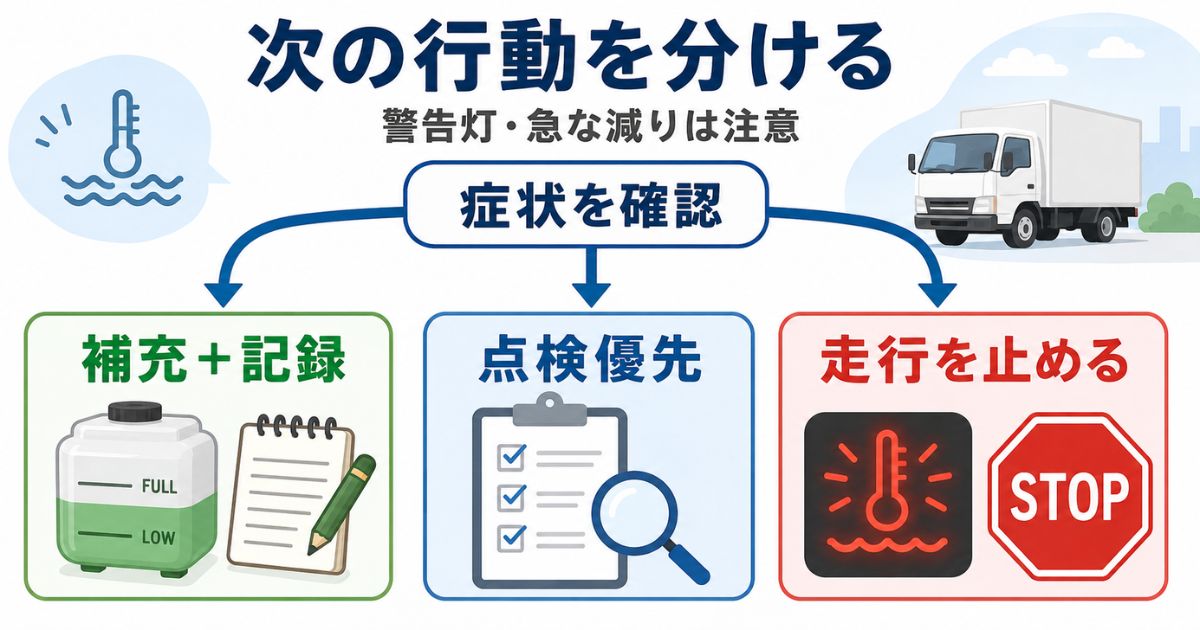 トラックの冷却水異常時に補充・点検優先・走行停止を分ける判断フロー