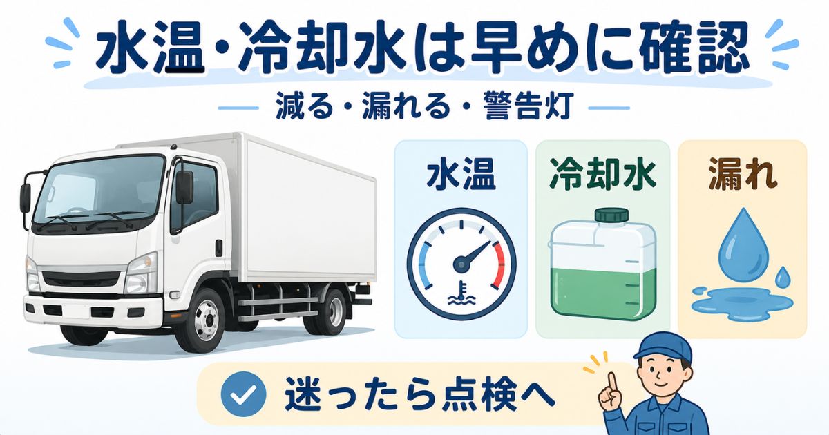 トラックのラジエーター不調時に水温・冷却水・漏れを確認するアイキャッチ図解