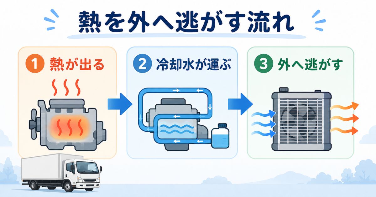 トラックの冷却が熱・冷却水・ラジエーターで進む流れを示す図解