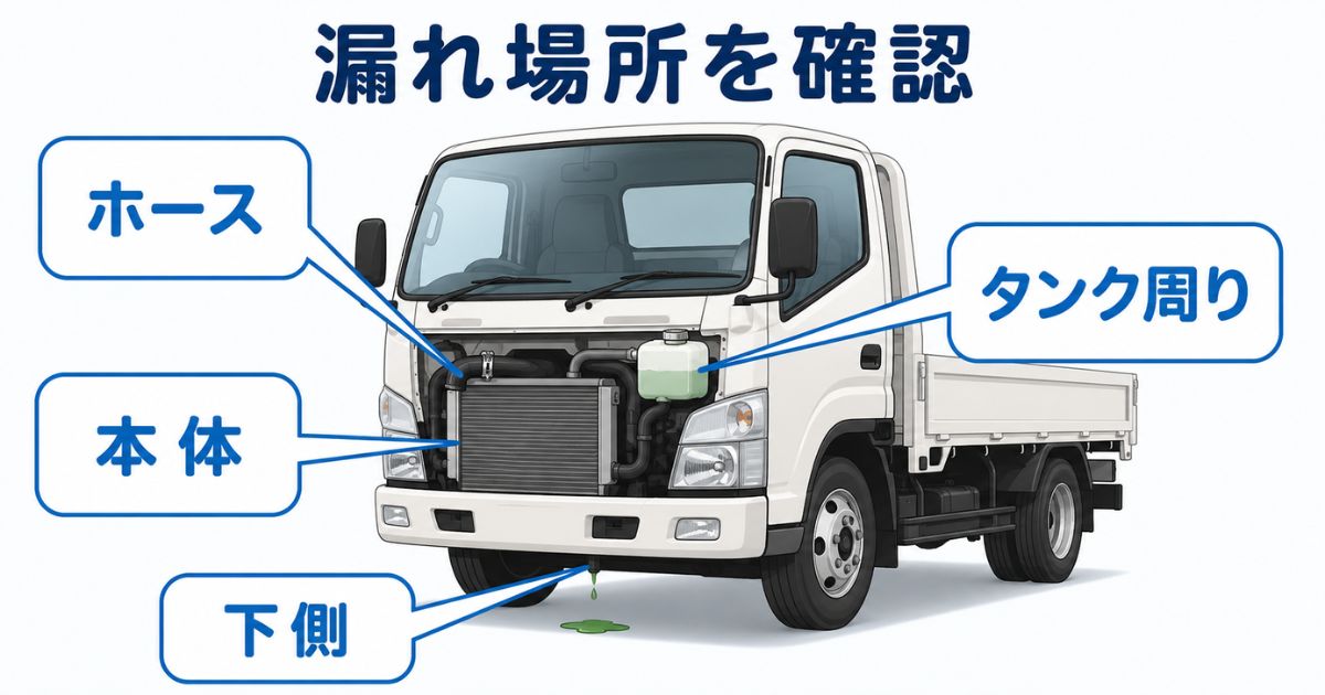 トラックのラジエーター液漏れでホースや本体や下側など確認箇所を整理した図解