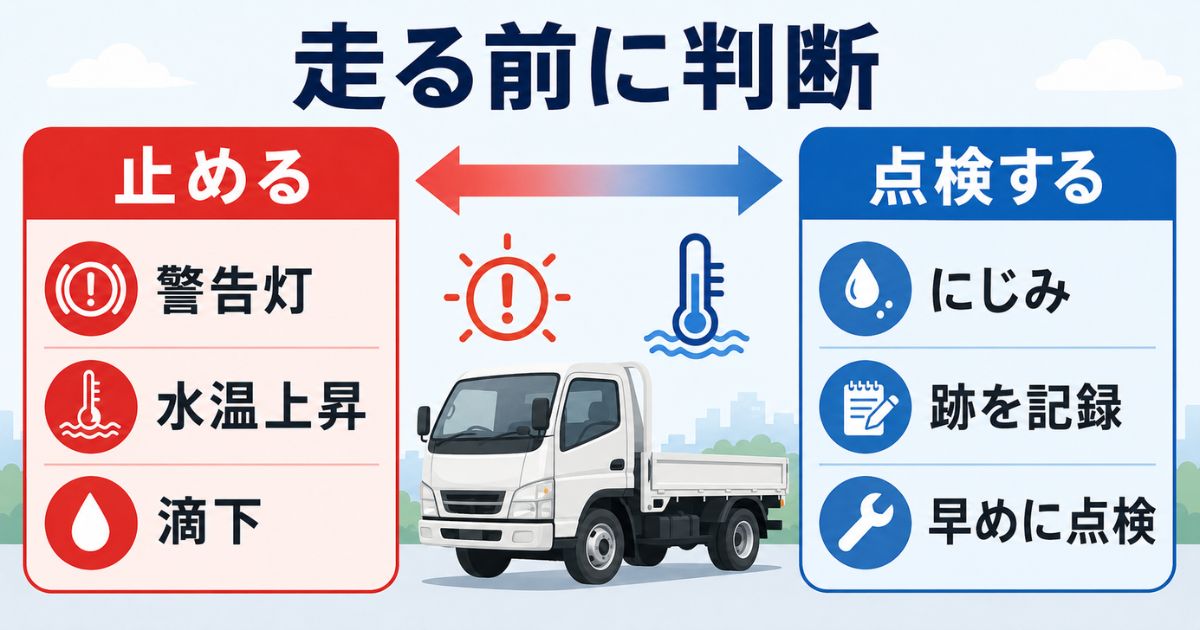 警告灯や水温上昇や滴下で走行可否を分ける判断軸の図解