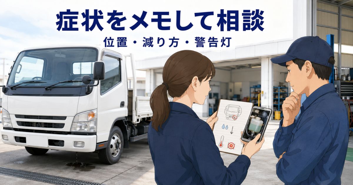 トラックのラジエーター液漏れの症状メモを整備担当者へ相談している写真風画像