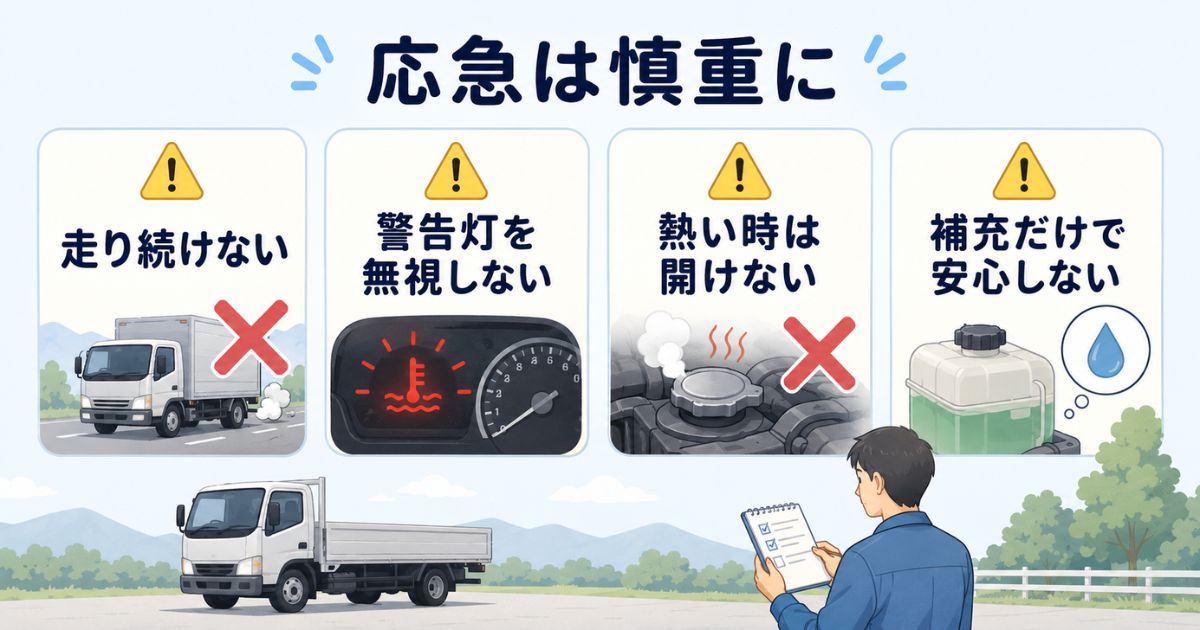 ラジエーター液漏れで走り続けや補充だけ継続などの失敗と二次被害を示す図解