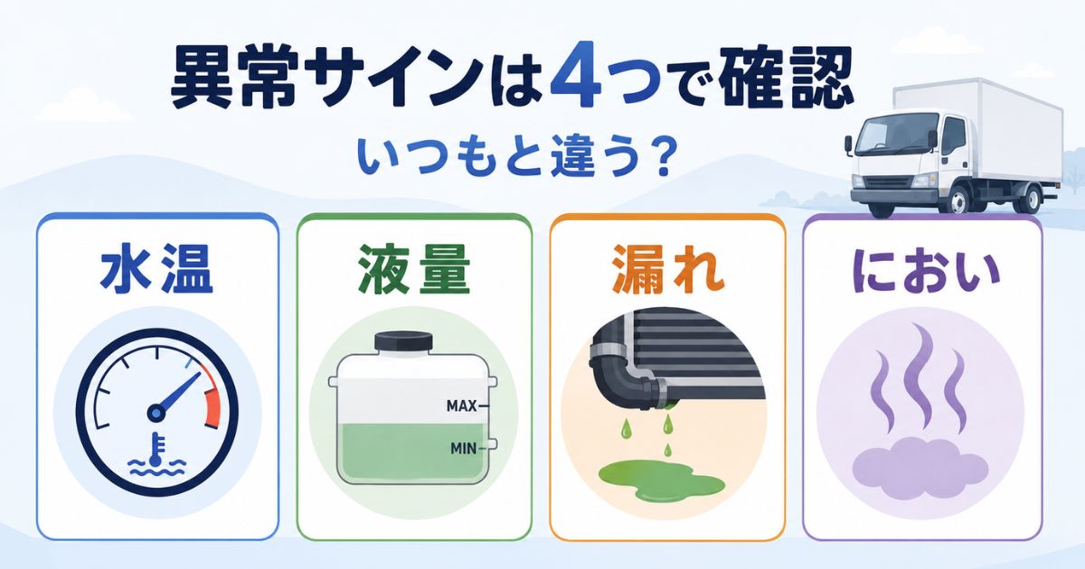 トラックのラジエーター異常を水温・液量・漏れ・においで確認する図解