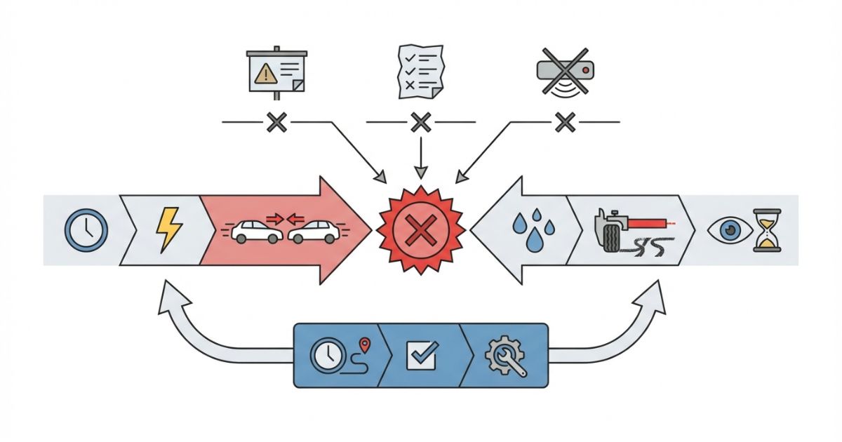 遅延や雨天などの重なりと注意喚起だけの失敗を分岐で示す追突事故リスクの図解