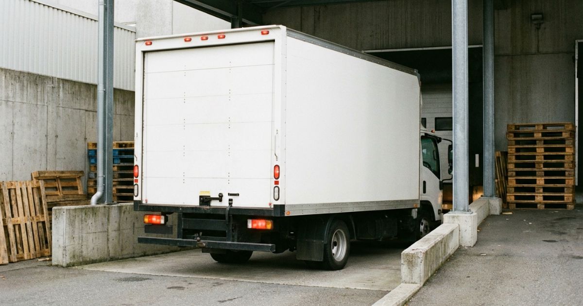 倉庫ヤードで業務用トラックがバック入庫しようとしている現場イメージの写真