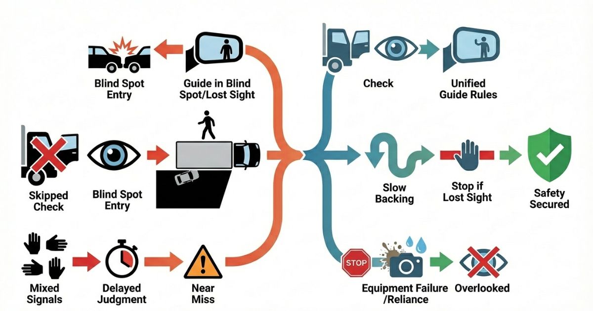 降車確認省略や誘導ミスなど後退時の失敗分岐と回避の型を示す図解