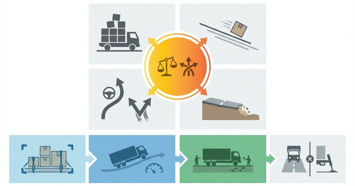 重心・荷の動き・路面環境・操作の急さで横転条件を判定する判断軸の図解