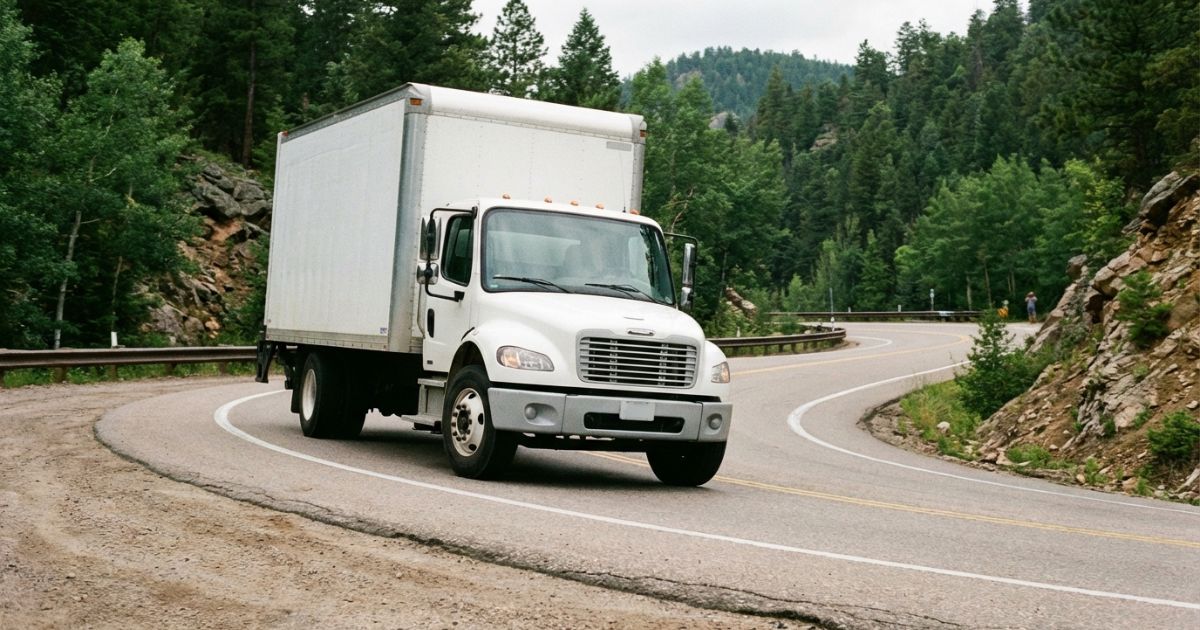 カーブ区間を走るトラックの横転リスクを連想させる写真風イメージ