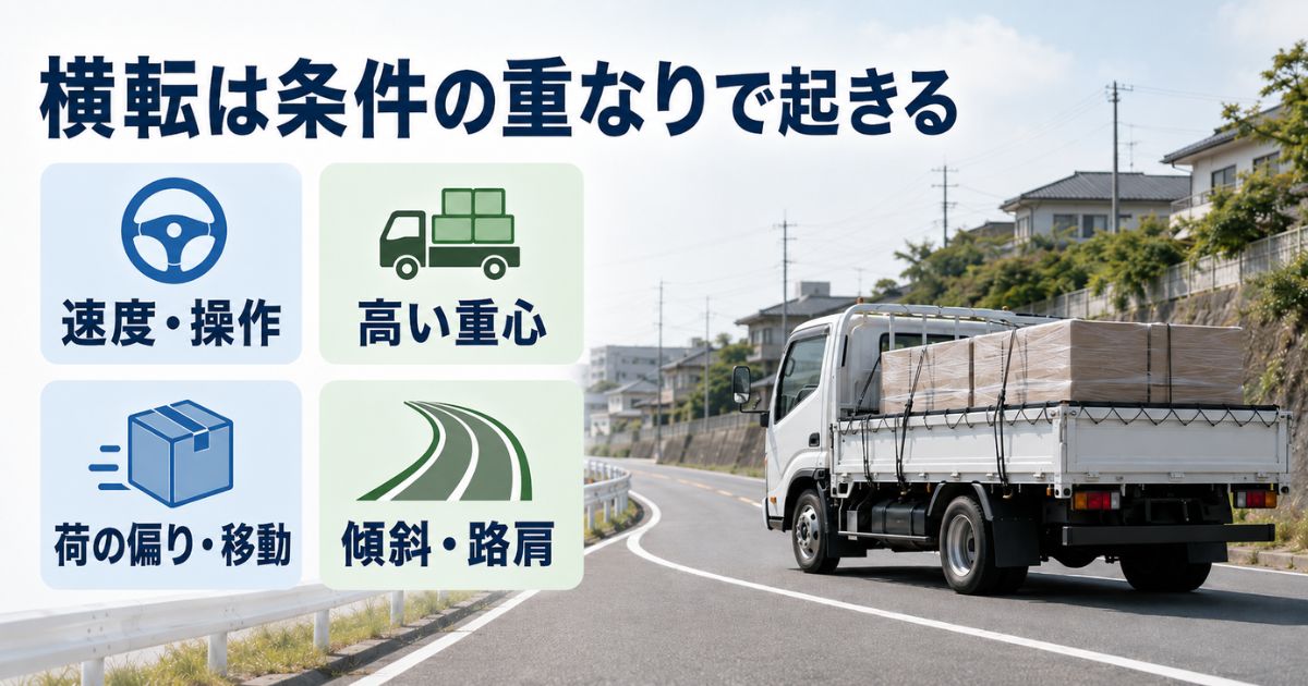 カーブを安全に走るトラックと速度・重心・荷の移動・路面の4つの横転条件