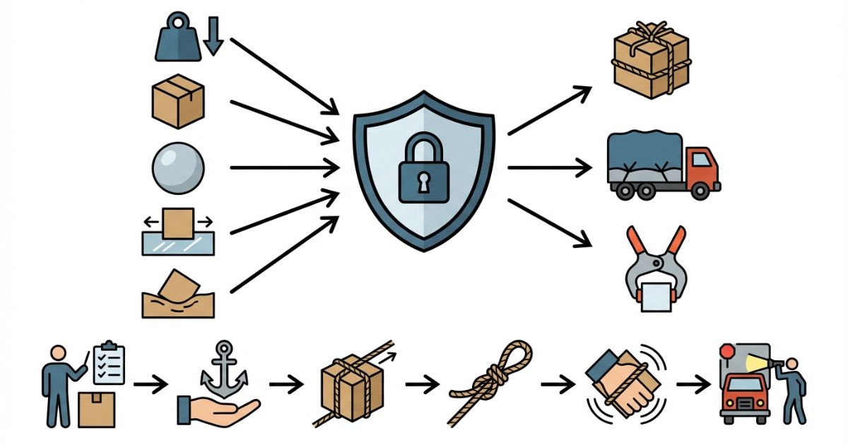 荷物の状態から用途別に結び方を選び固定確認まで行う判断軸をまとめた文字なし図解