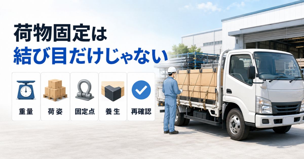 平ボディトラックの荷物をロープ・角当て・滑り止めで固定し、重量や固定箇所を出発前に確認する様子