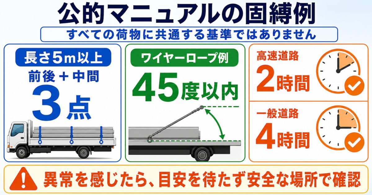 長さ5m以上の3点固縛、ワイヤーロープ45度以内、高速道路2時間・一般道路4時間の点検例を示す数値図解