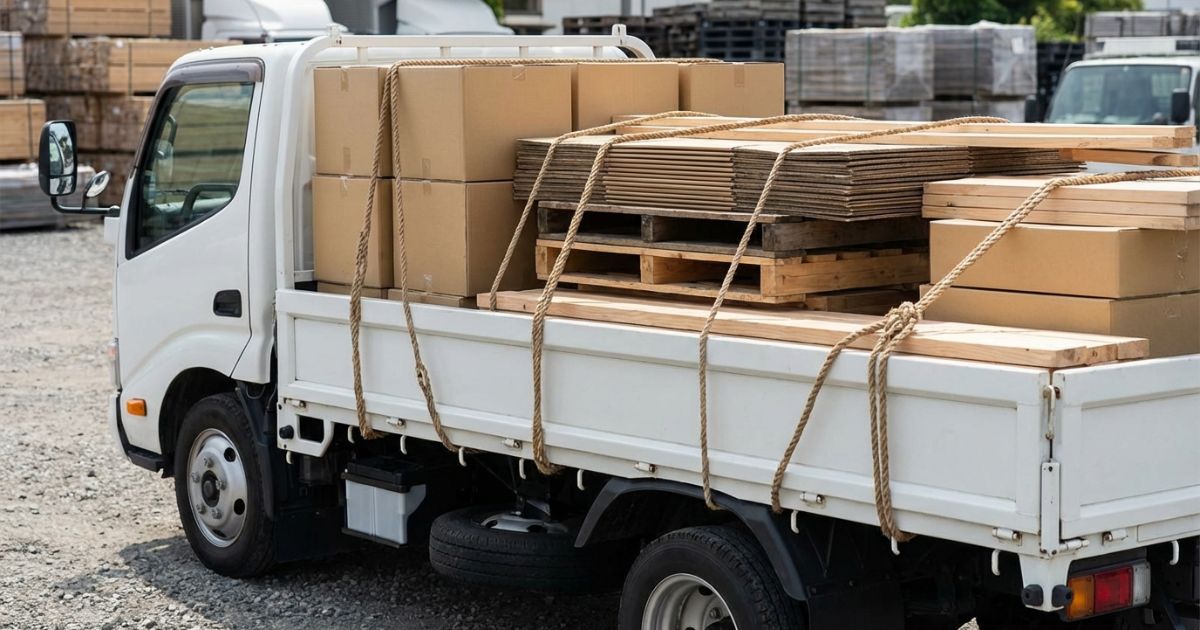 2t〜3tトラック荷台でロープ固定している現場イメージ