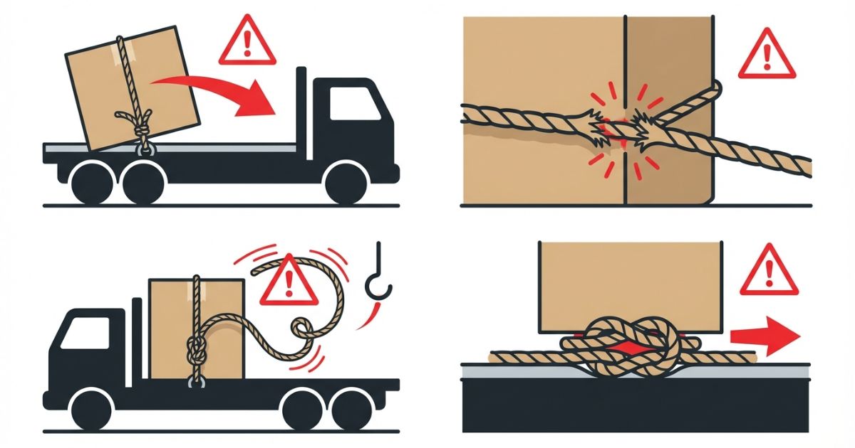 よくある失敗例とリスクを示すロープ固定の図解