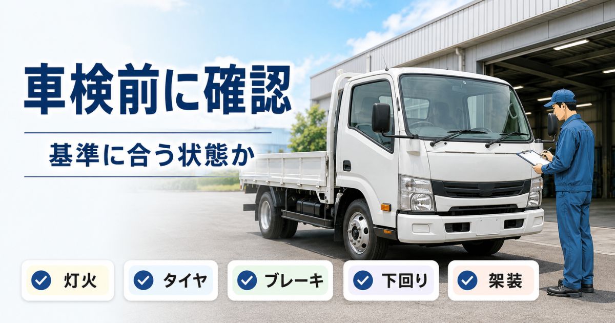 車検前の小型トラックを作業担当者が確認し灯火・タイヤ・ブレーキ・下回り・架装の点検項目を示す