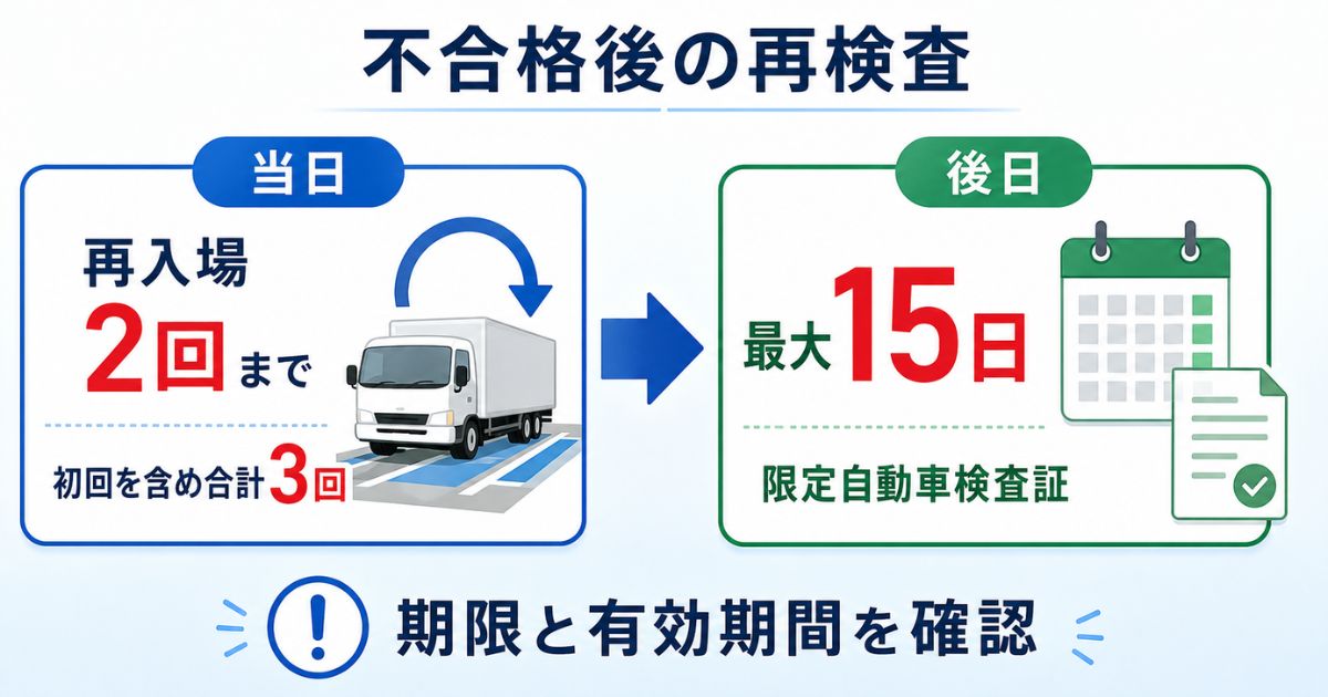 車検不合格後の当日再入場2回と初回を含む合計3回、限定自動車検査証の最大15日を比較した図解