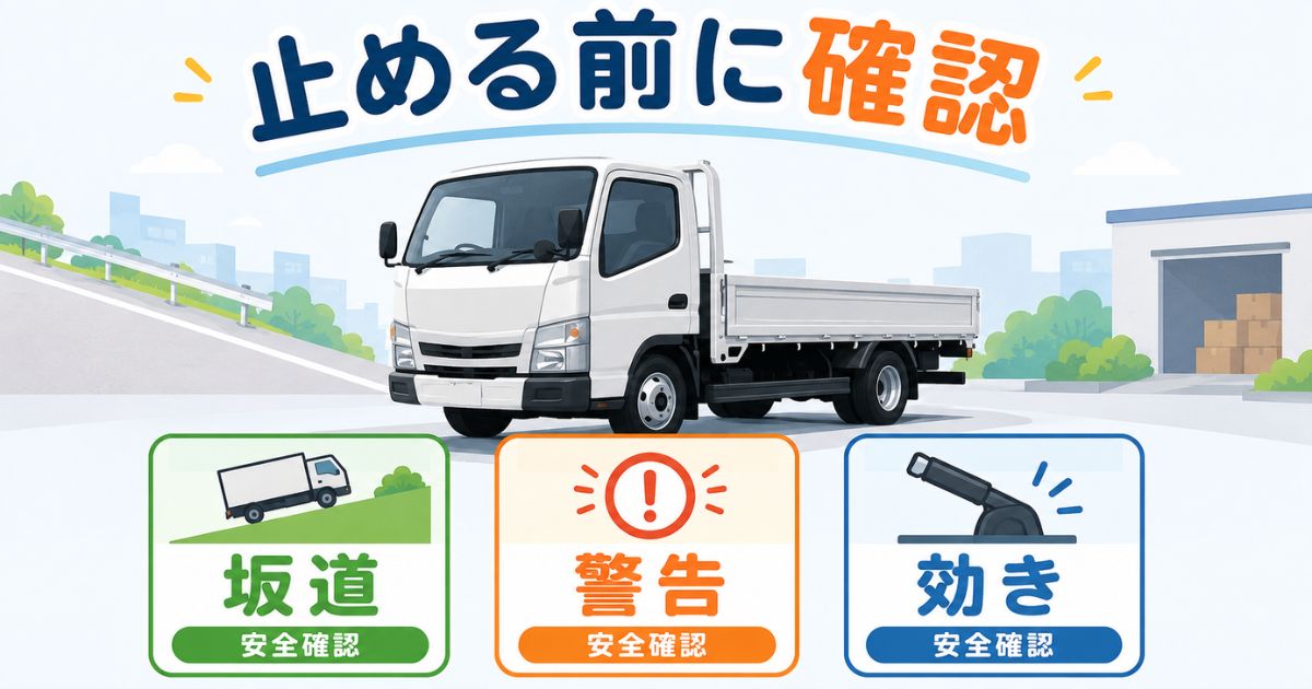 トラックのサイドブレーキは坂道や警告灯、効きの状態を確認して使うことを示すアイキャッチ図解