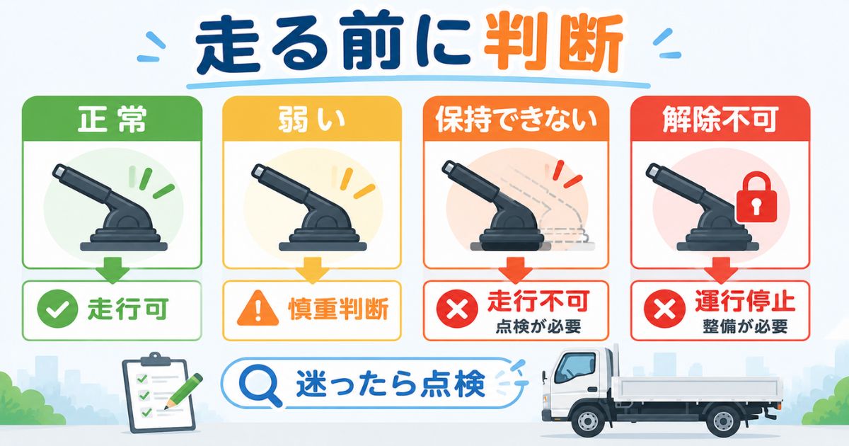 サイドブレーキが正常、弱い、保持できない、解除不可のときの走行可否を整理したフロー図