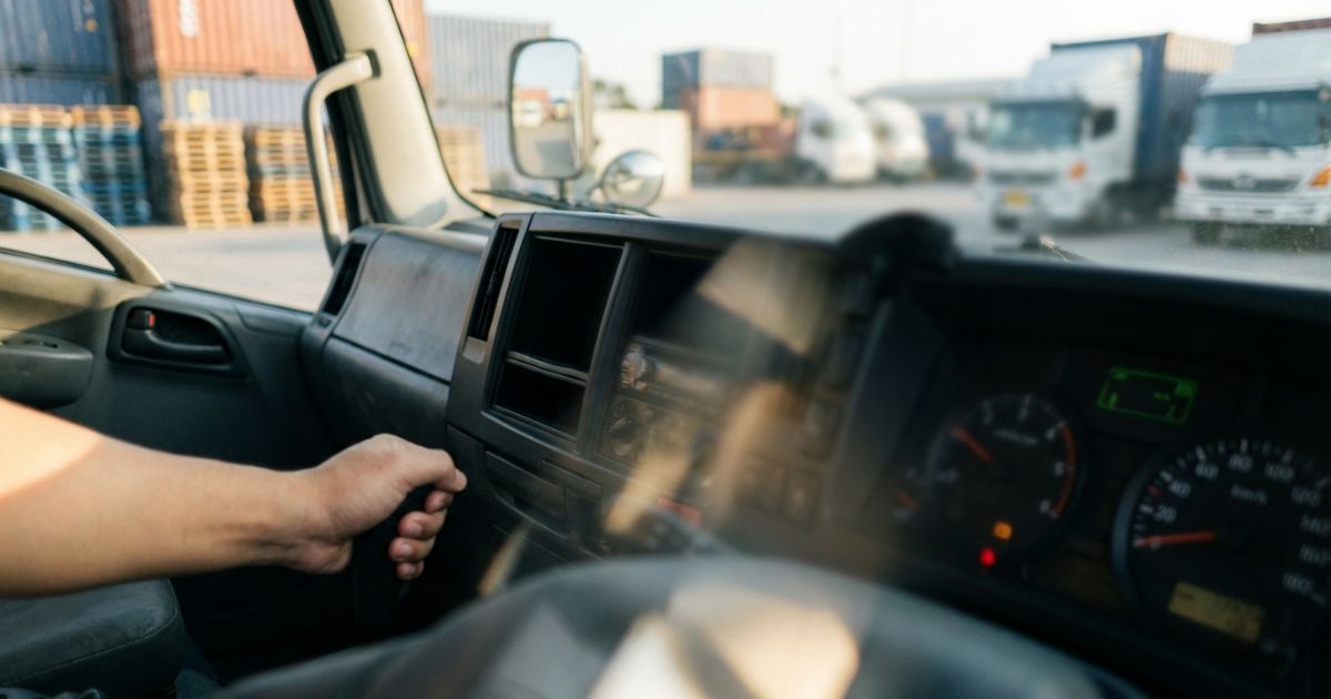 トラックの駐車時にサイドブレーキ操作で確実に固定する場面を示す写真風イメージ