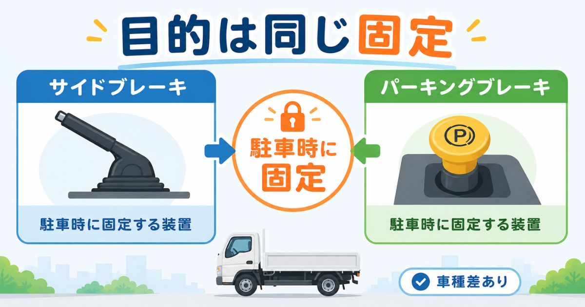 サイドブレーキとパーキングブレーキは呼び方が違っても駐車時の固定が目的であることを示す比較図
